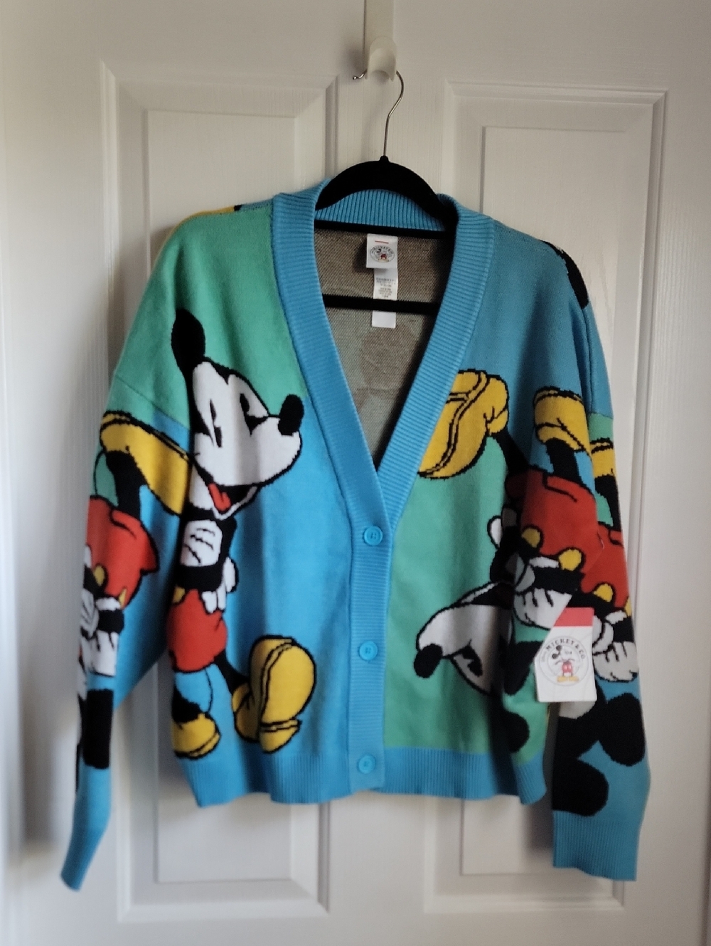 Disney Parks Light Blue Cartoon Mickey & Company Cardigan Sweater Nwt New XL